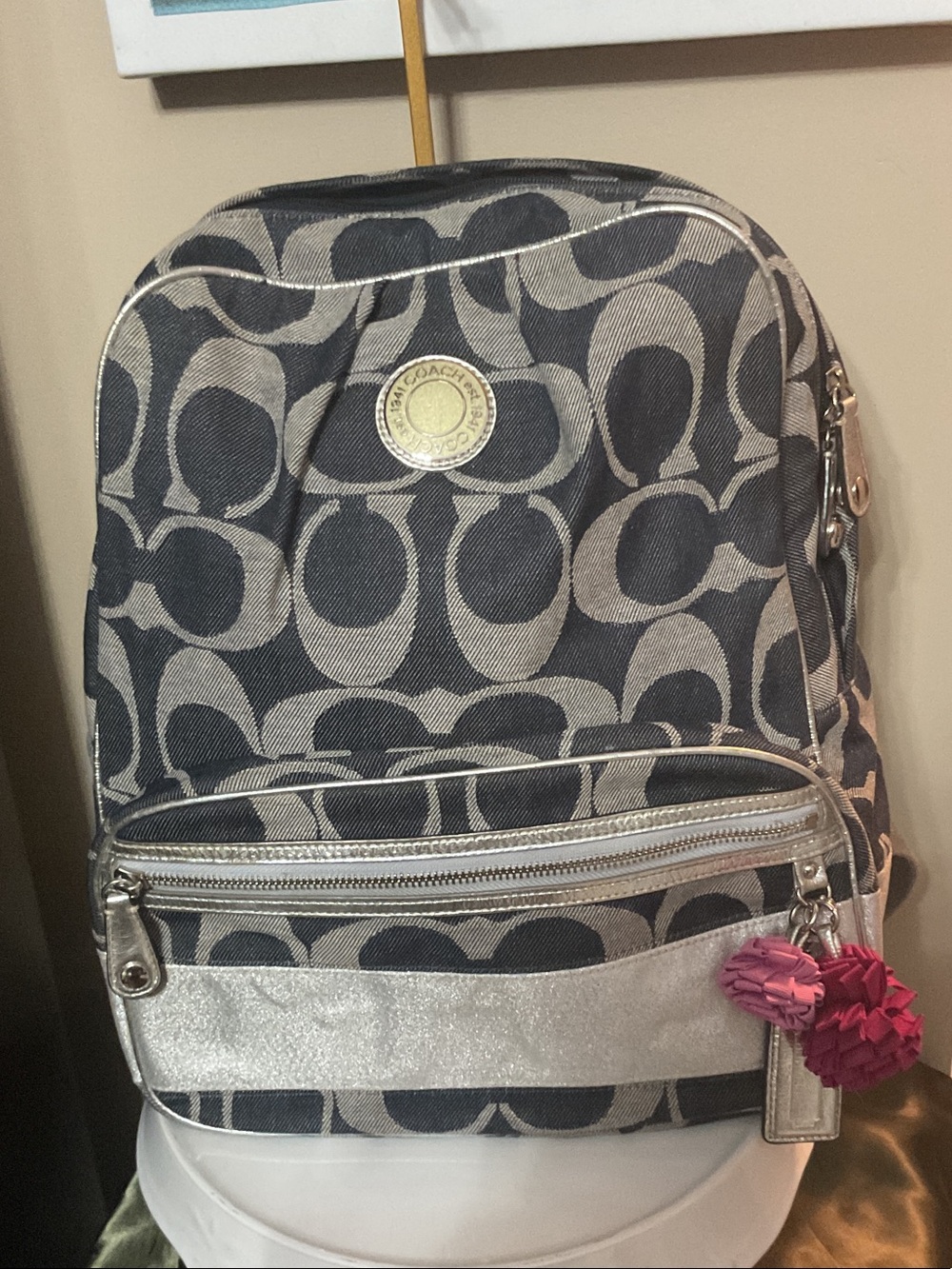 Rare Coach Signature Canvas Backpack in Navy and Silver with Pink Charm